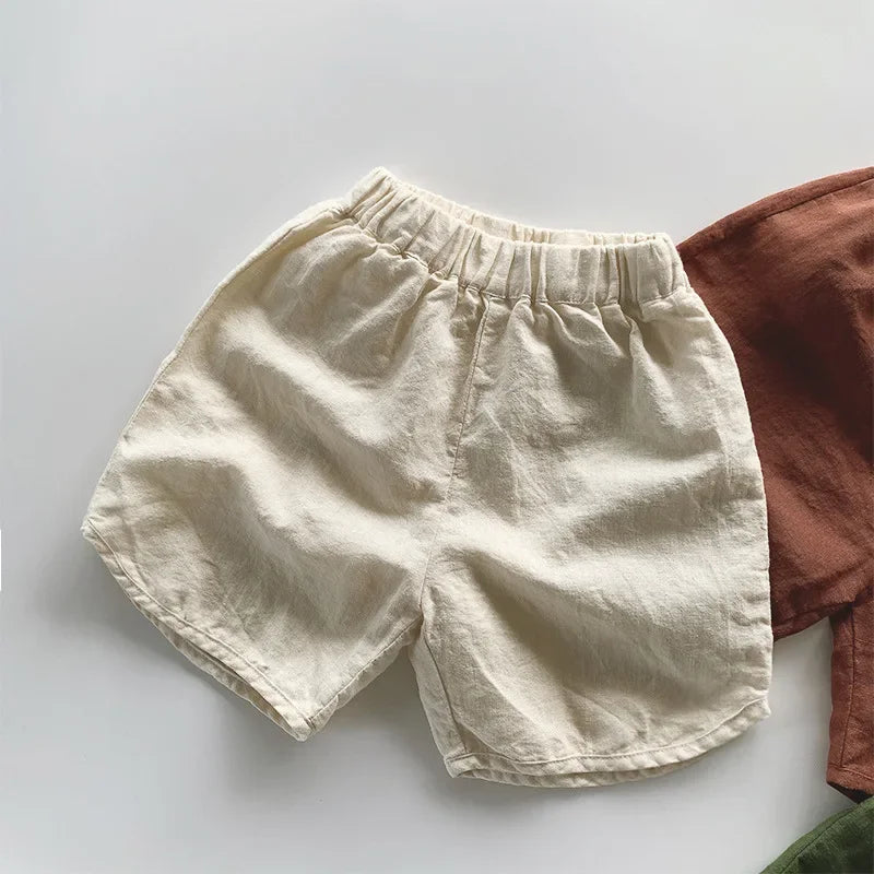 Cotton Linen Shorts Summer New Boys And Girls Thin Knee Length Pant Korean Children's Baby Casual Loose Pockets Outside Pants